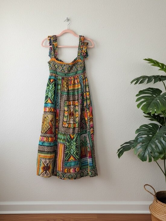 FARM Rio Dresses & Skirts - FARM Rio Mixed Prints Patchwork Dress-Midi-XS- Beaded-Tassels- XS- MSRP $325